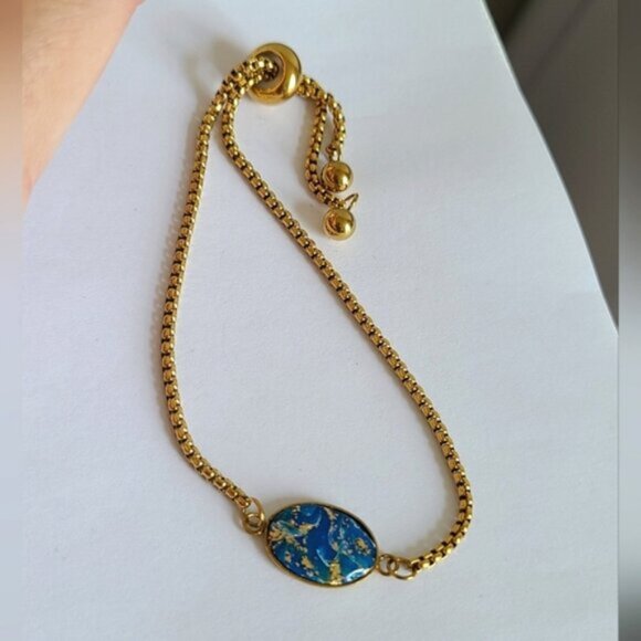 Handcrafted Boho Gold Blue Agate Gemstone Oval Dainty Adjustable Bracelet - Picture 8 of 8